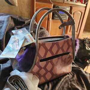 HI-DI-HI throwback handbag pink purple and grey with purple faux fur